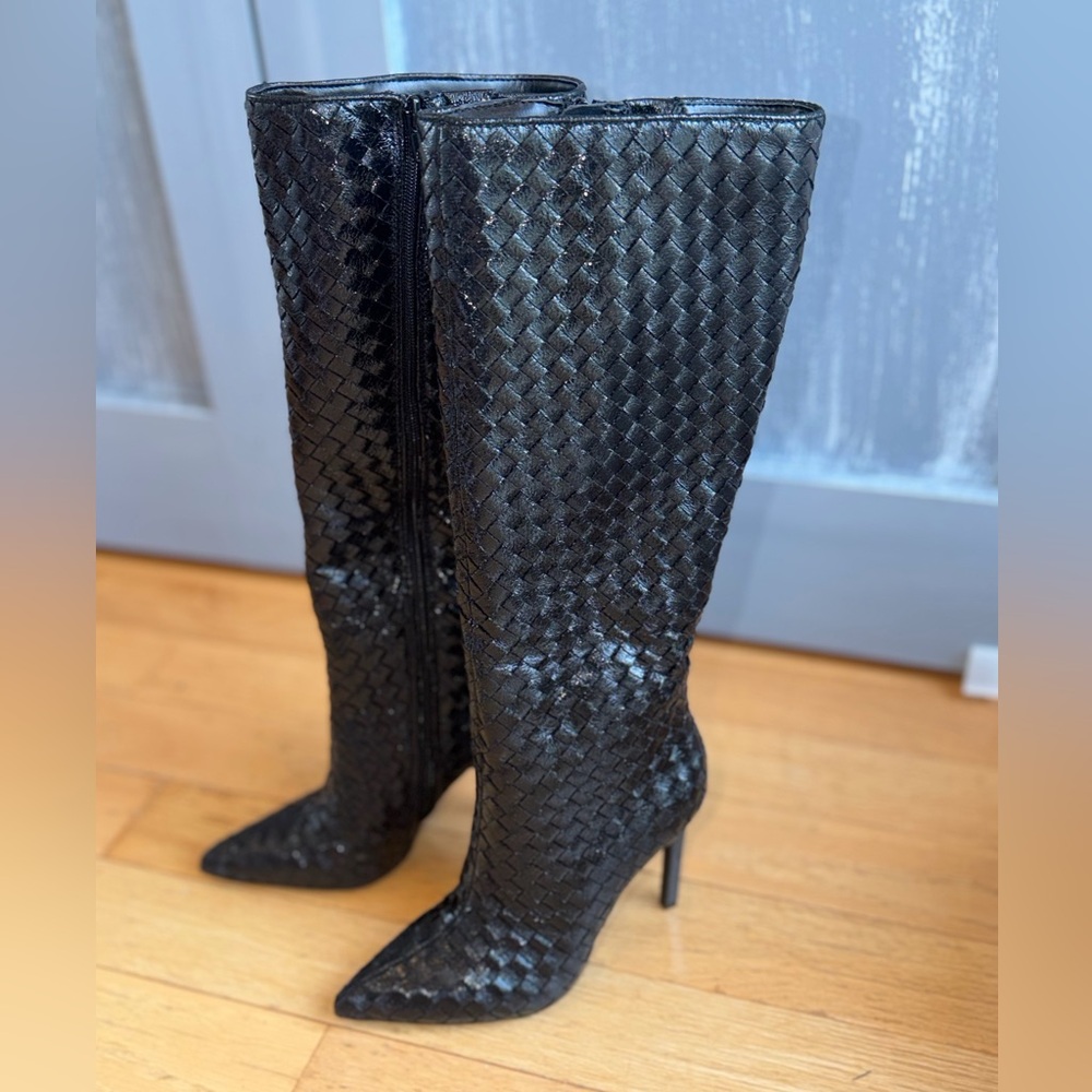 INC International Concepts Savoniap Black Woven Knee-High Boots Stiletto Heel 5 - Picture 5 of 9